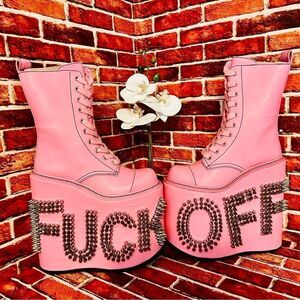 Current Mood NEW Never Censored F*CK OFF Platform Boots Spike Letters Pink Sz 8